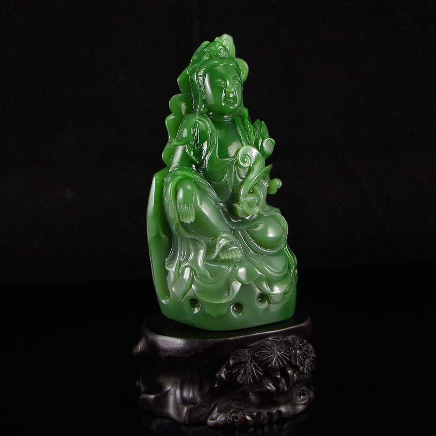 High Quality Chinese Green Hetian Jade Carved Lotus Flower Kwan-yin & Ruyi Statue - 3