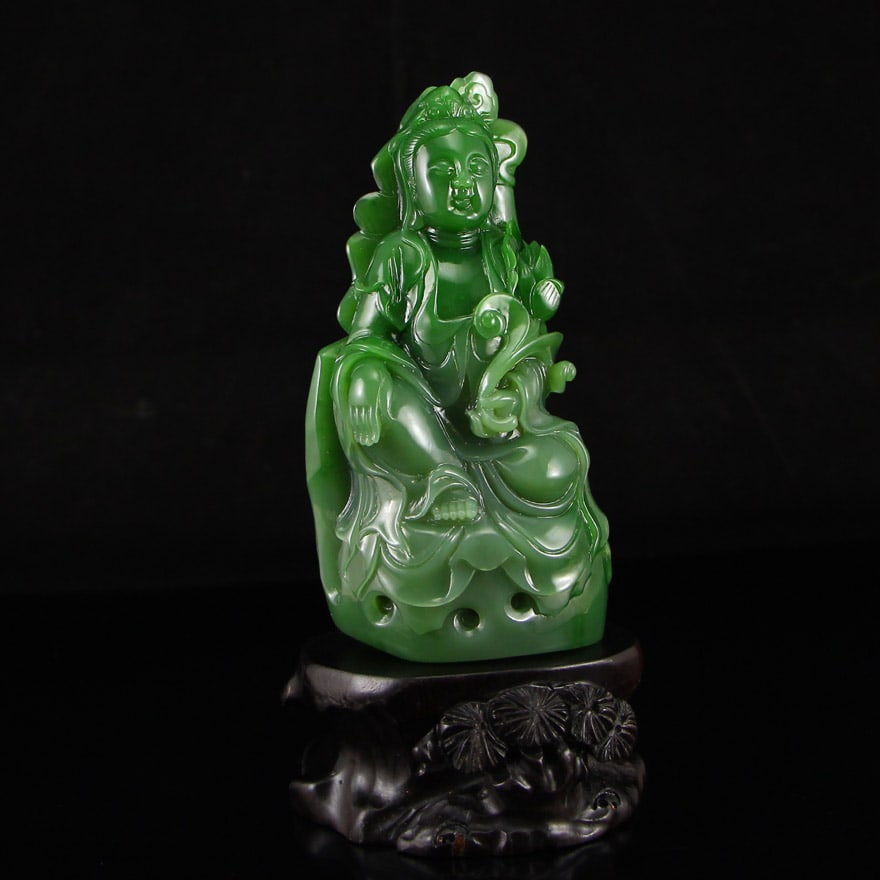 High Quality Chinese Green Hetian Jade Carved Lotus Flower Kwan-yin & Ruyi Statue - 4