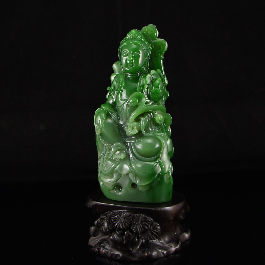 High Quality Chinese Green Hetian Jade Carved Lotus Flower Kwan-yin & Ruyi Statue - 5