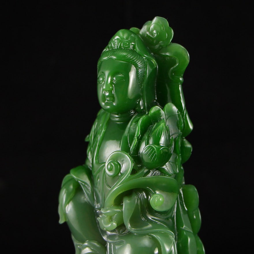 High Quality Chinese Green Hetian Jade Carved Lotus Flower Kwan-yin & Ruyi Statue - 7