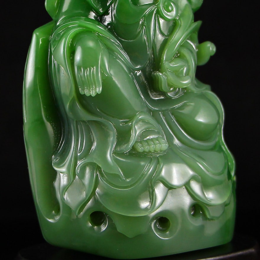 High Quality Chinese Green Hetian Jade Carved Lotus Flower Kwan-yin & Ruyi Statue - 8