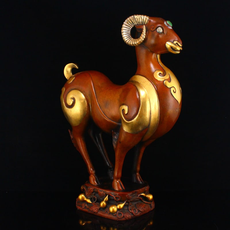 Vintage Gilt Gold-plated Silver Copper Inlay Turquoise Sheep Statue - 8