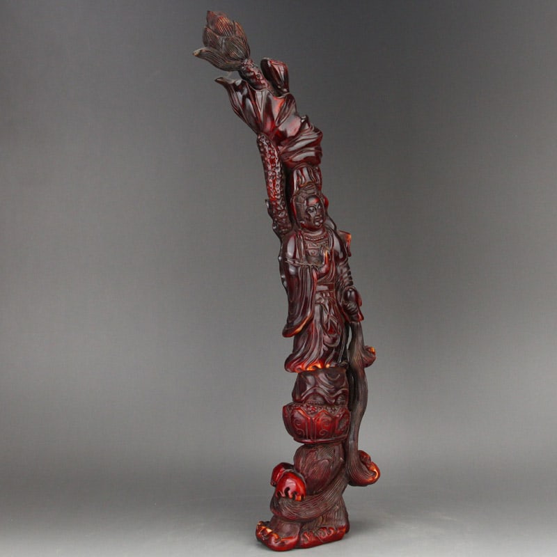 Vintage Ox Horn Lotus Flower Kwan-yin Statue - 5