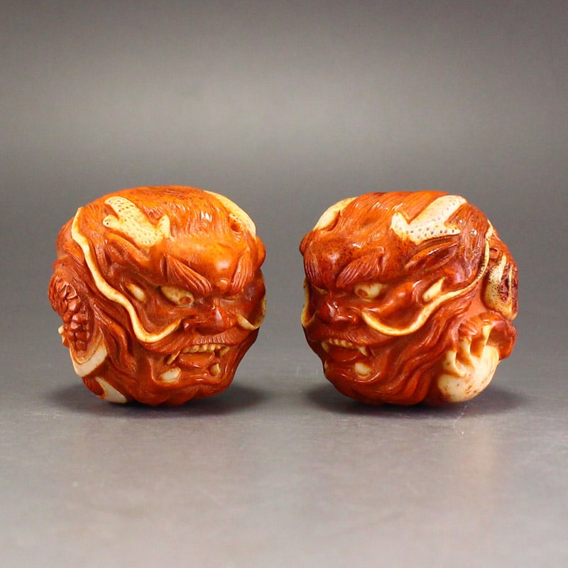 A Pair Vintage Deer Horn Carved Fortune Dragon Gymnastic Ball - 2