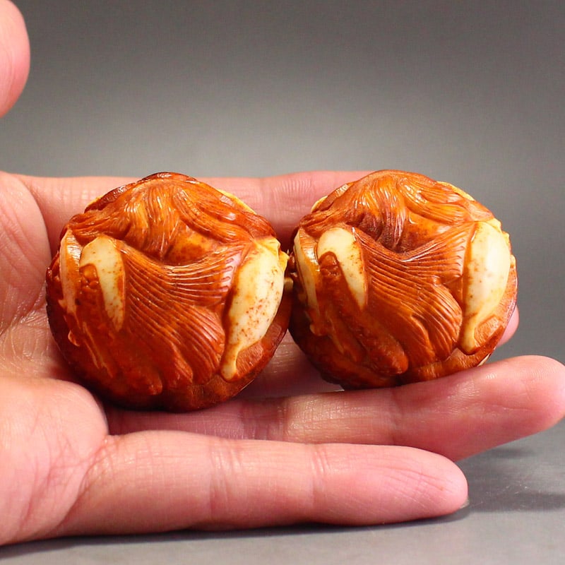 A Pair Vintage Deer Horn Carved Fortune Dragon Gymnastic Ball - 6