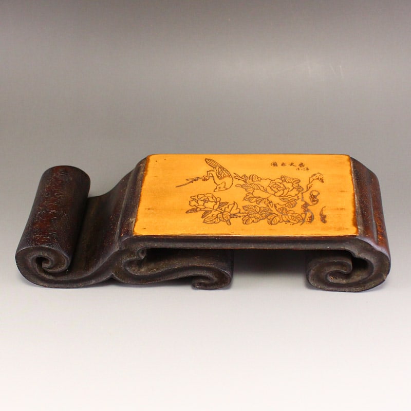 Vintage Chinese Zitan Wood Inlay Bamboo Ink Rest - 2