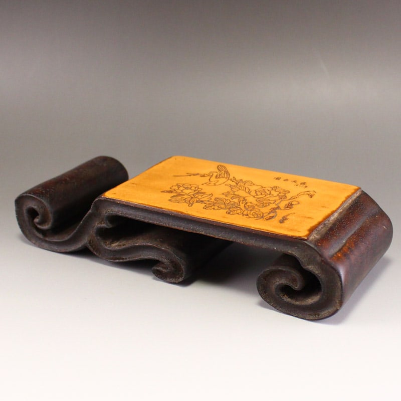 Vintage Chinese Zitan Wood Inlay Bamboo Ink Rest - 4