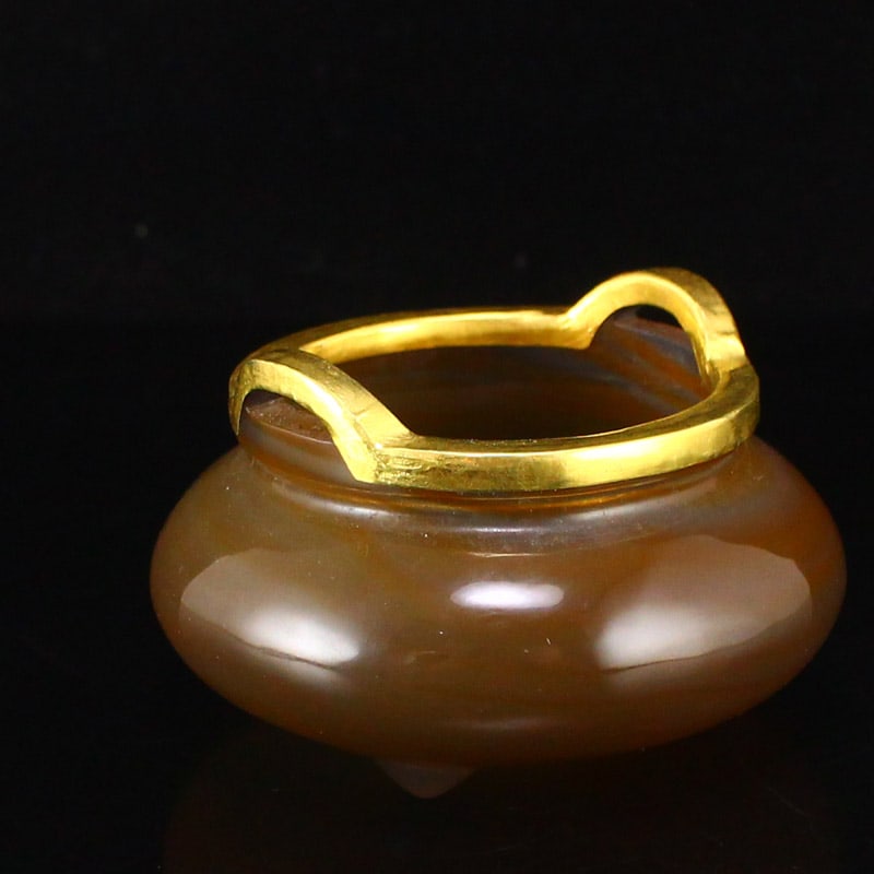 Old Gilt Gold Agate Double Ears 3 Legs Incense Burner - 2