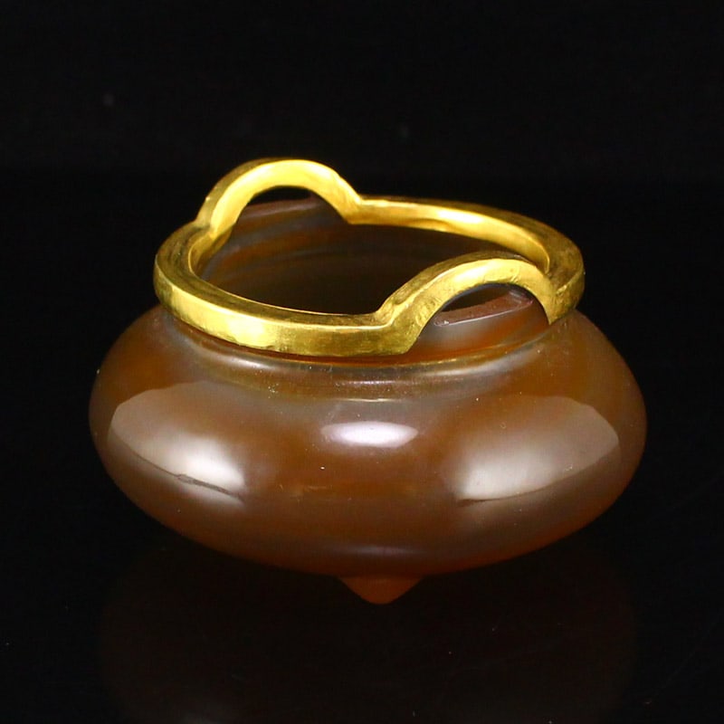Old Gilt Gold Agate Double Ears 3 Legs Incense Burner - 3