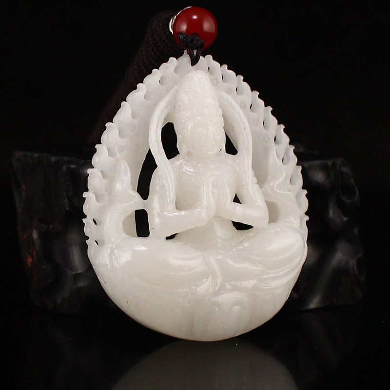 Chinese White Hetian Jade Kwan-yin Pendant - 2