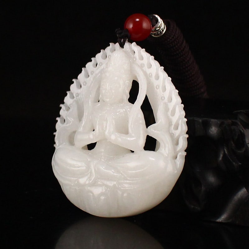 Chinese White Hetian Jade Kwan-yin Pendant - 3