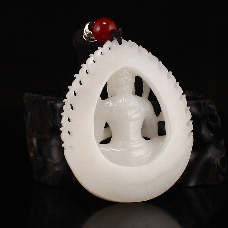 Chinese White Hetian Jade Kwan-yin Pendant - 4