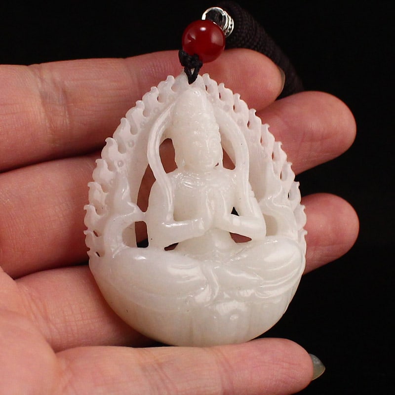 Chinese White Hetian Jade Kwan-yin Pendant - 5
