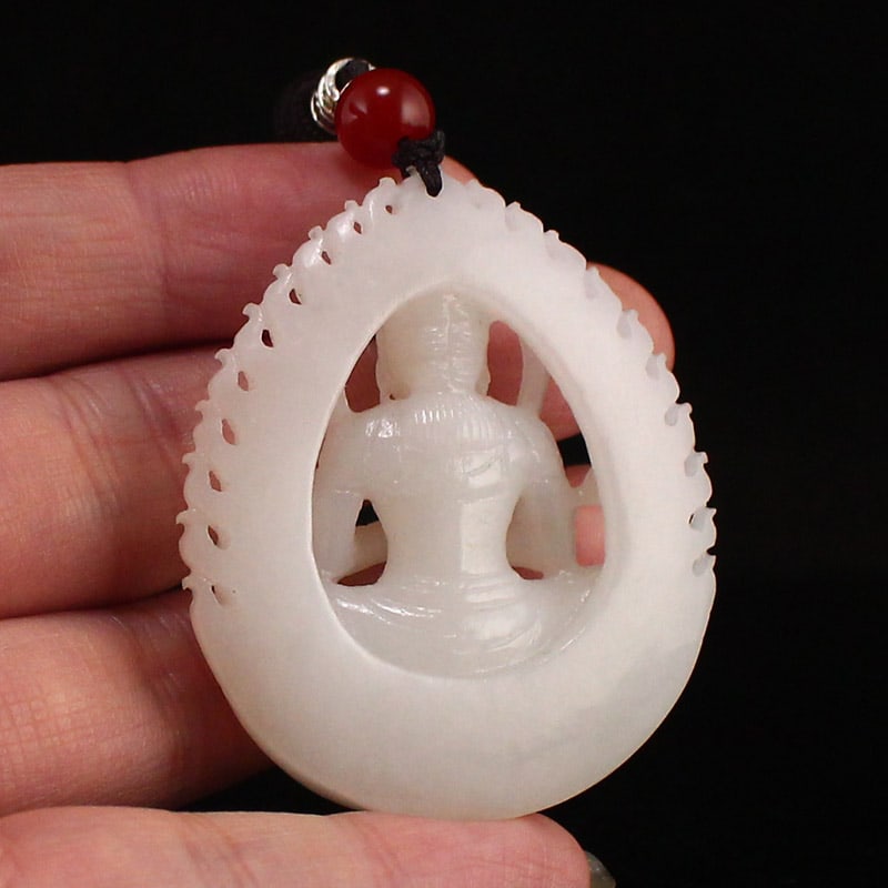 Chinese White Hetian Jade Kwan-yin Pendant - 6