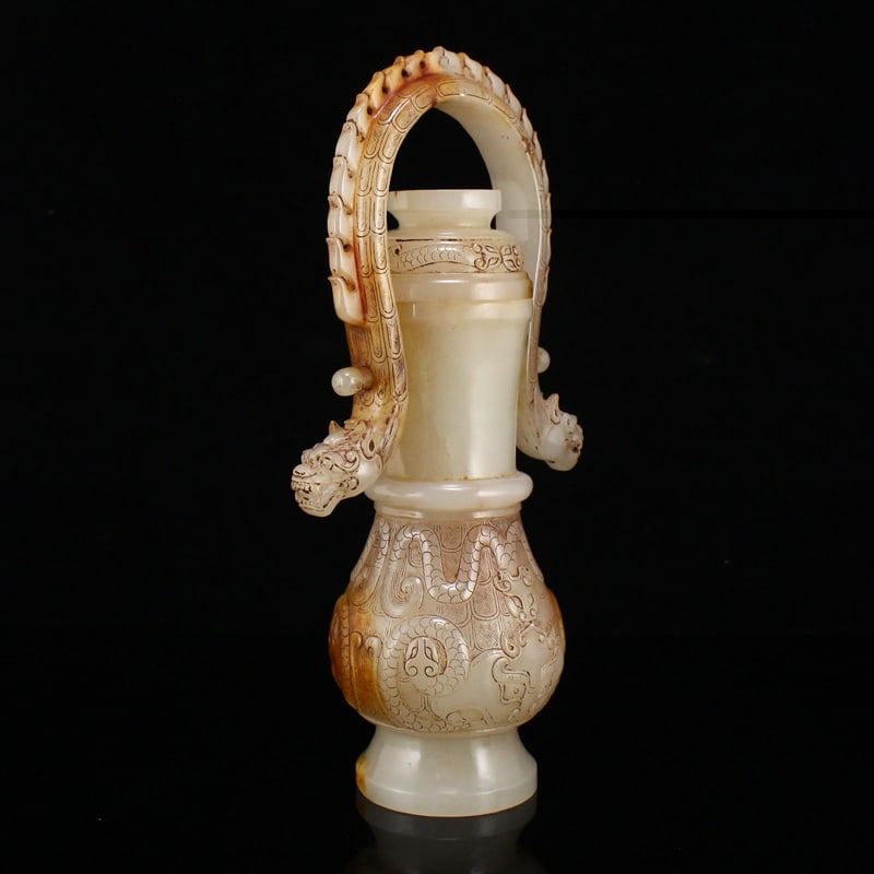 Old Chinese Hetian Jade Handle Dragon Head Vase - 6
