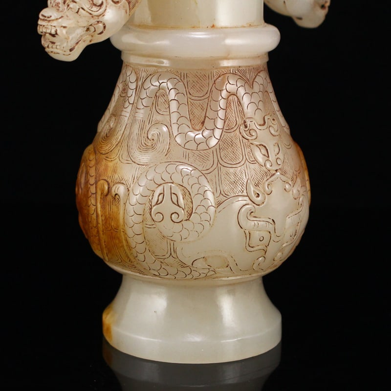 Old Chinese Hetian Jade Handle Dragon Head Vase - 7