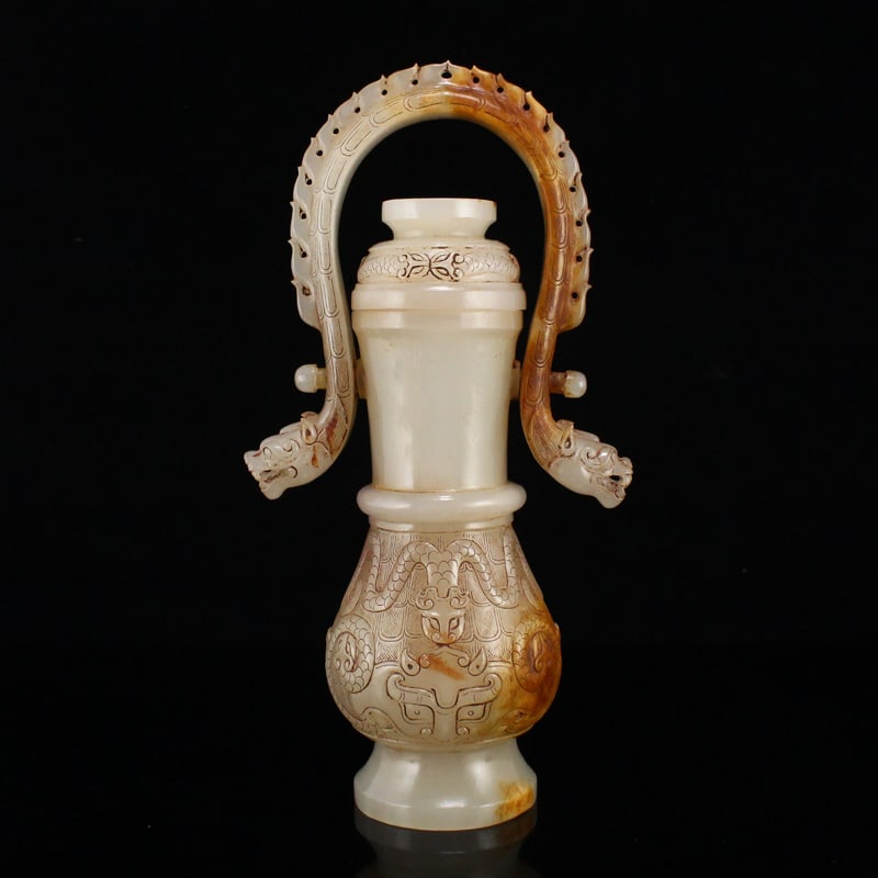 Old Chinese Hetian Jade Handle Dragon Head Vase - 9
