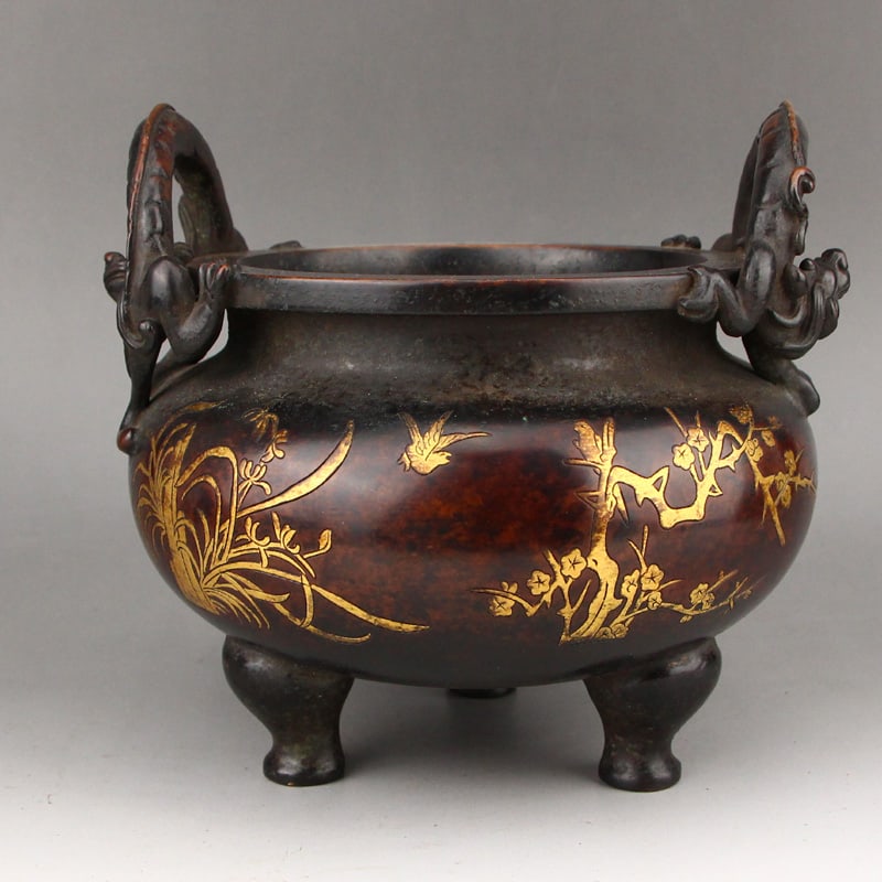 Superb Chinese Gilt Gold Copper Chi Dragon Double Ears Incense Burner (1 of 10)