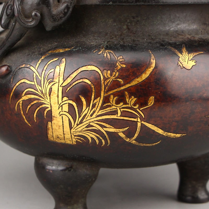 Superb Chinese Gilt Gold Copper Chi Dragon Double Ears Incense Burner - 3