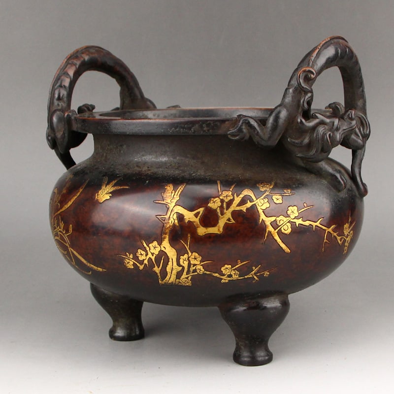 Superb Chinese Gilt Gold Copper Chi Dragon Double Ears Incense Burner - 4