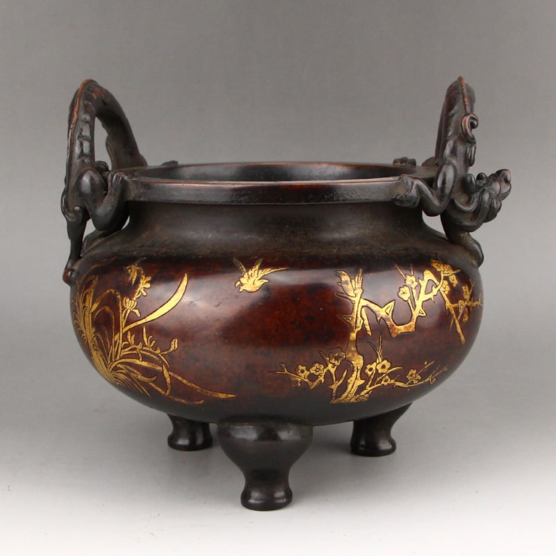 Superb Chinese Gilt Gold Copper Chi Dragon Double Ears Incense Burner - 5