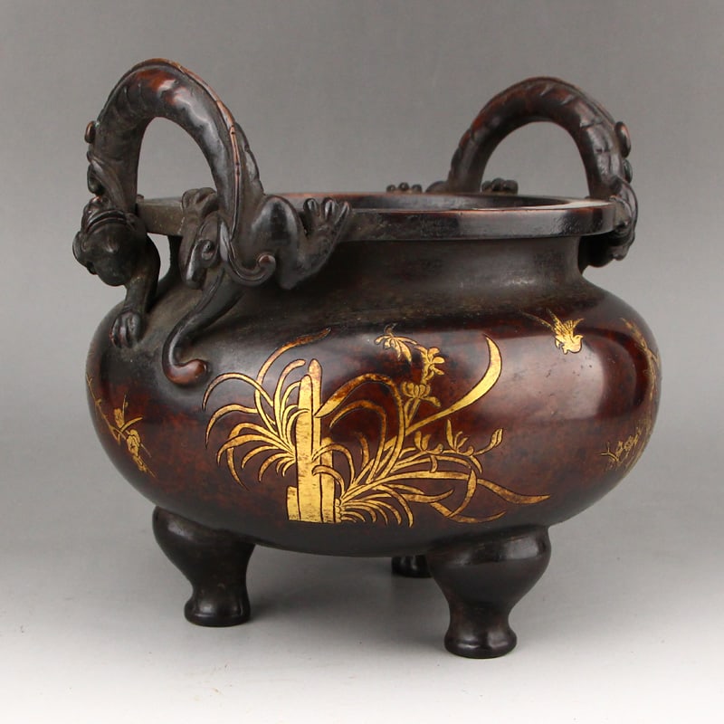 Superb Chinese Gilt Gold Copper Chi Dragon Double Ears Incense Burner - 6