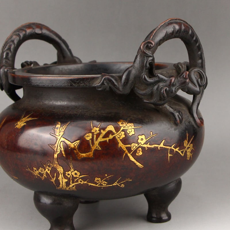 Superb Chinese Gilt Gold Copper Chi Dragon Double Ears Incense Burner - 7