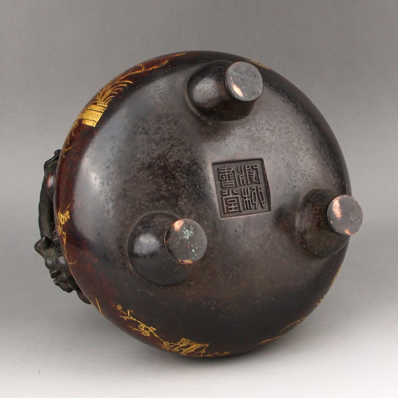 Superb Chinese Gilt Gold Copper Chi Dragon Double Ears Incense Burner - 9