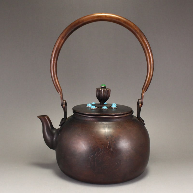 Old Chinese Copper Inlay Turquoise Handle Teapot (1 of 10)
