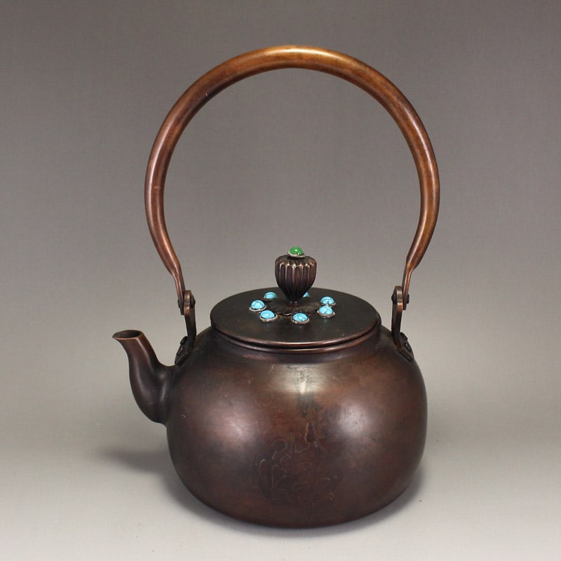 Old Chinese Copper Inlay Turquoise Handle Teapot - 2