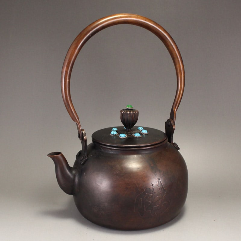 Old Chinese Copper Inlay Turquoise Handle Teapot - 3