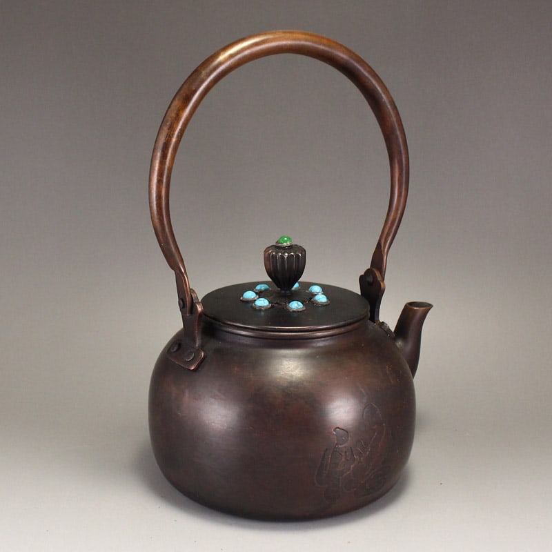 Old Chinese Copper Inlay Turquoise Handle Teapot - 6