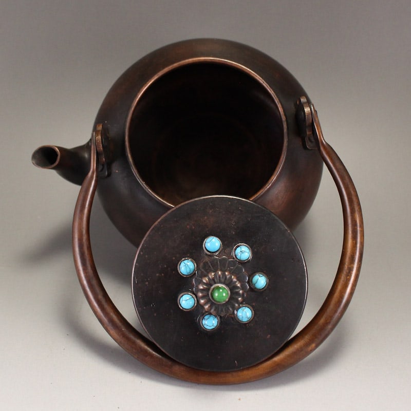 Old Chinese Copper Inlay Turquoise Handle Teapot - 8