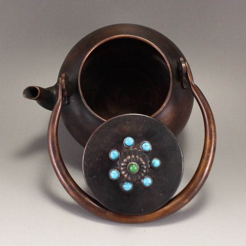 Old Chinese Copper Inlay Turquoise Handle Teapot - 9