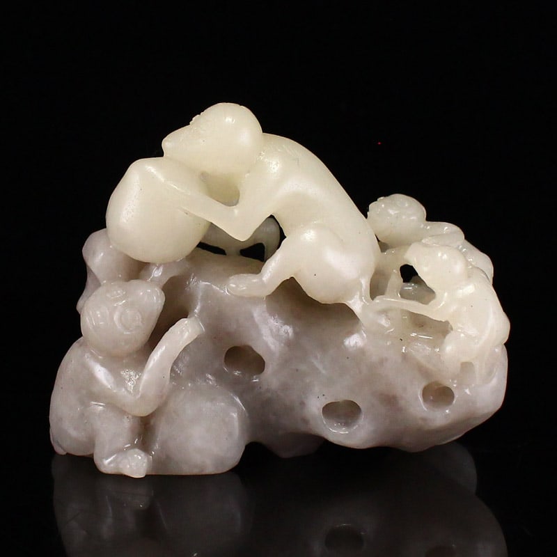 Double Color Hetian Jade Carved Monkey & Peach Statue (1 of 6)