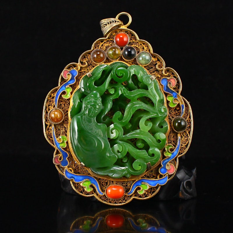 Chinese Gold Wires Enamel Inlay Green Hetian Jade Kwan-yin Pendant (1 of 6)