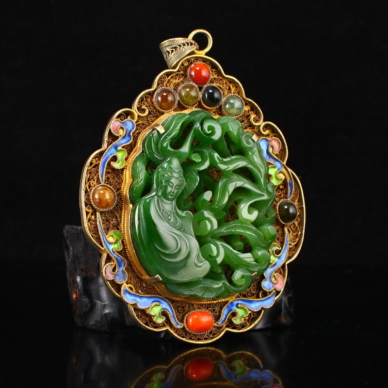 Chinese Gold Wires Enamel Inlay Green Hetian Jade Kwan-yin Pendant - 2