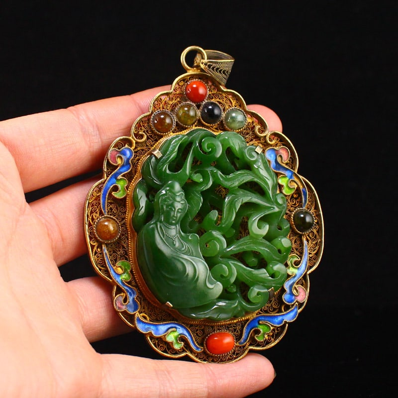 Chinese Gold Wires Enamel Inlay Green Hetian Jade Kwan-yin Pendant - 5