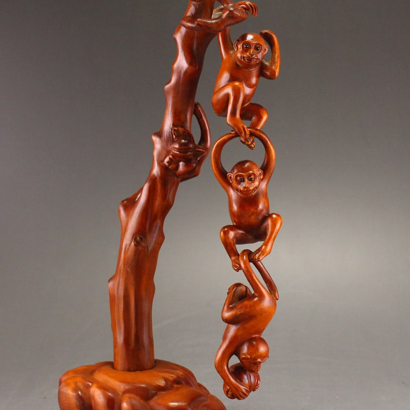 Vivid Chinese Boxwood Wood Three Monkey Statue - 2