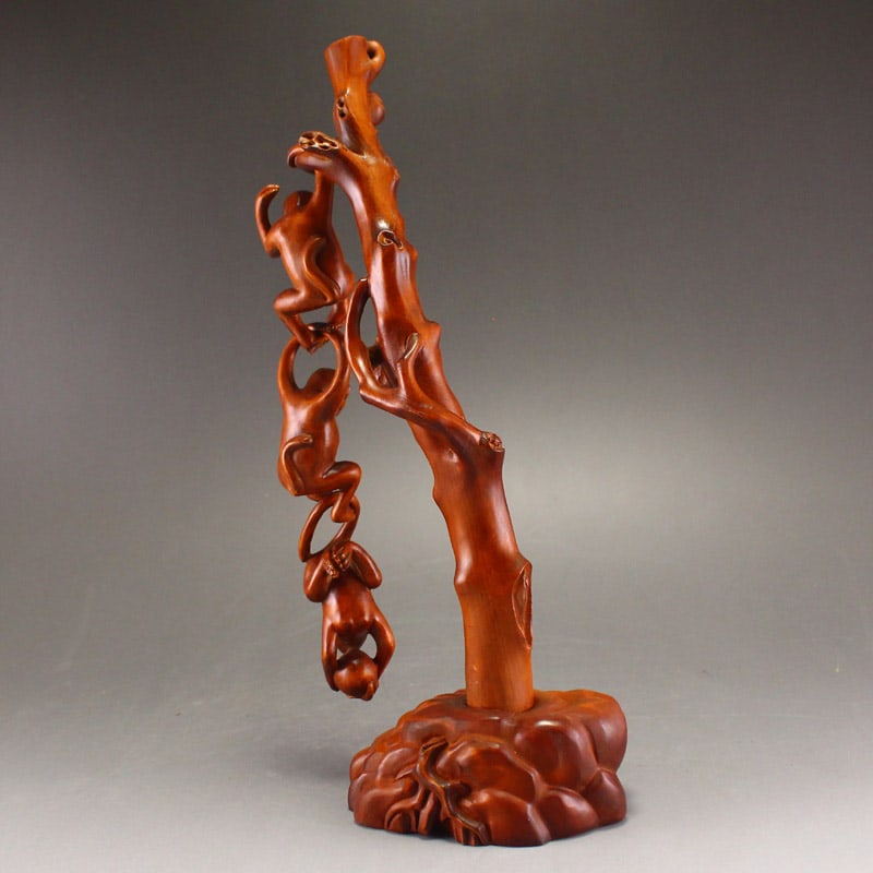 Vivid Chinese Boxwood Wood Three Monkey Statue - 4