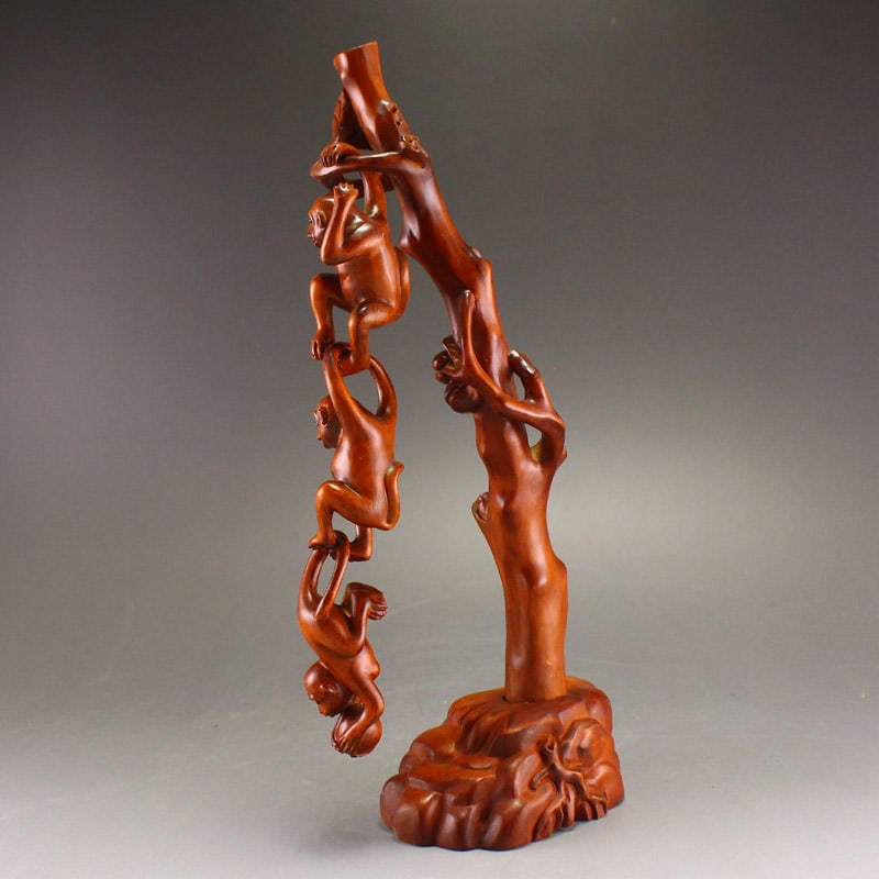 Vivid Chinese Boxwood Wood Three Monkey Statue - 5