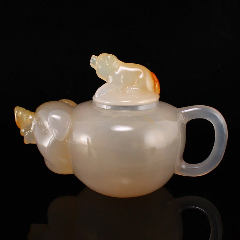 Chinese Agate Hand Carved Pig Teapot - 5