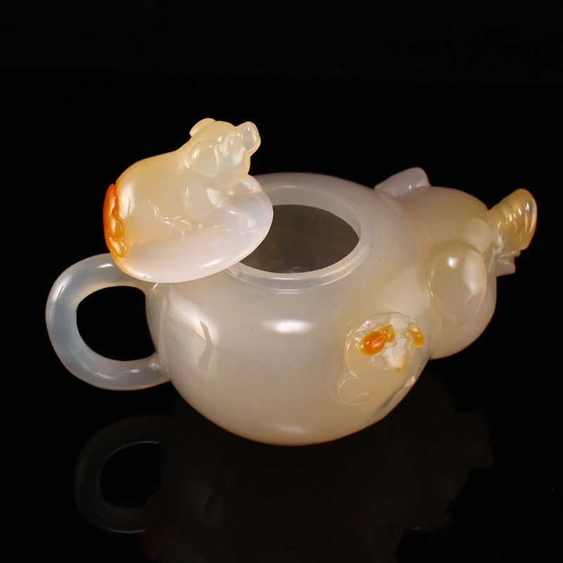 Chinese Agate Hand Carved Pig Teapot - 6