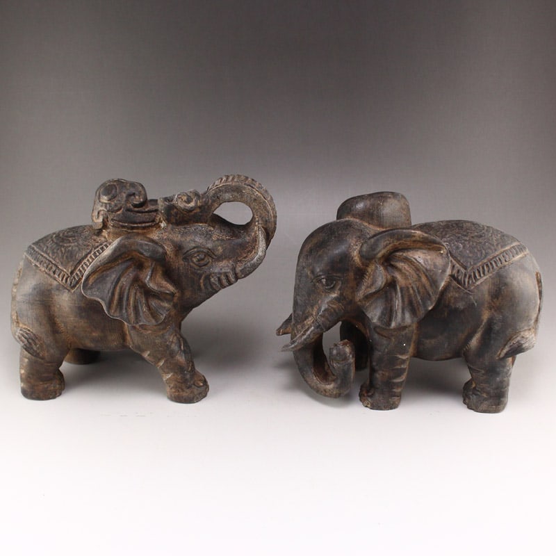 A Pair Vintage Stone Hand Carved Elephant Statue - 2