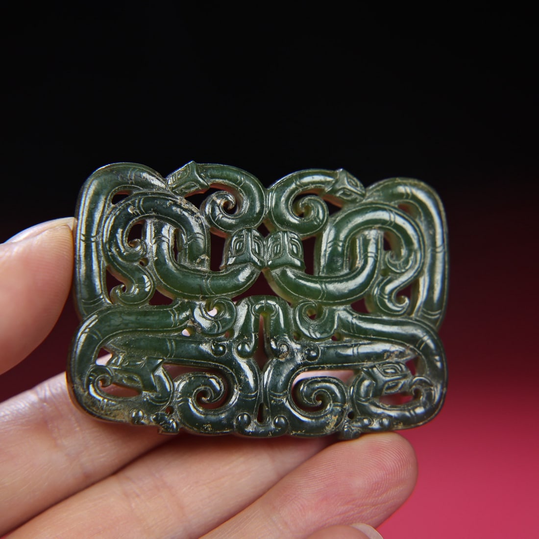 Openwork Chinese Green Hetian Jade Dragon Phoenix Bi Pendant - 7