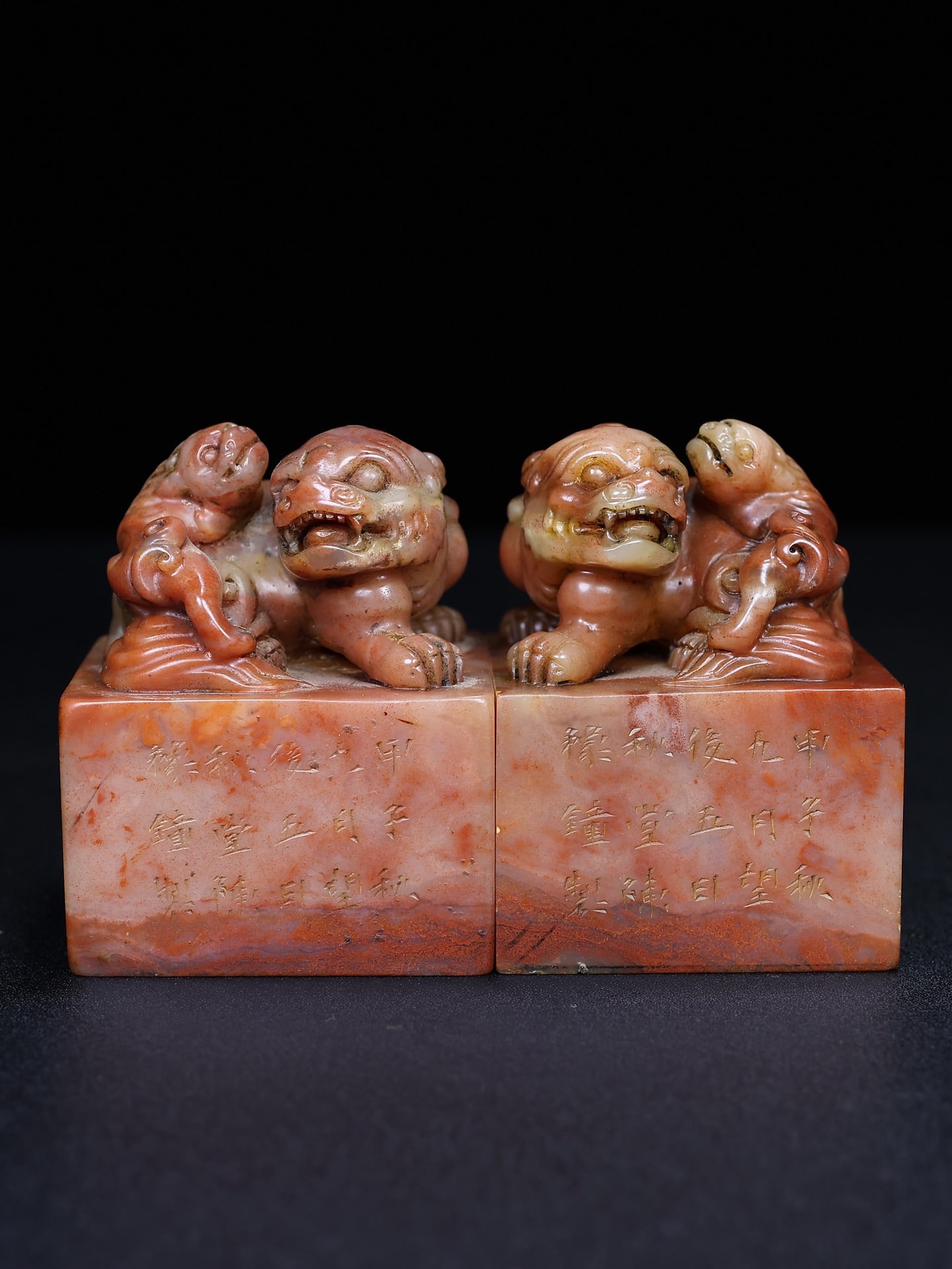 A Pair Chinese Shoushan Stone Beast Seal Statue w Box - 2