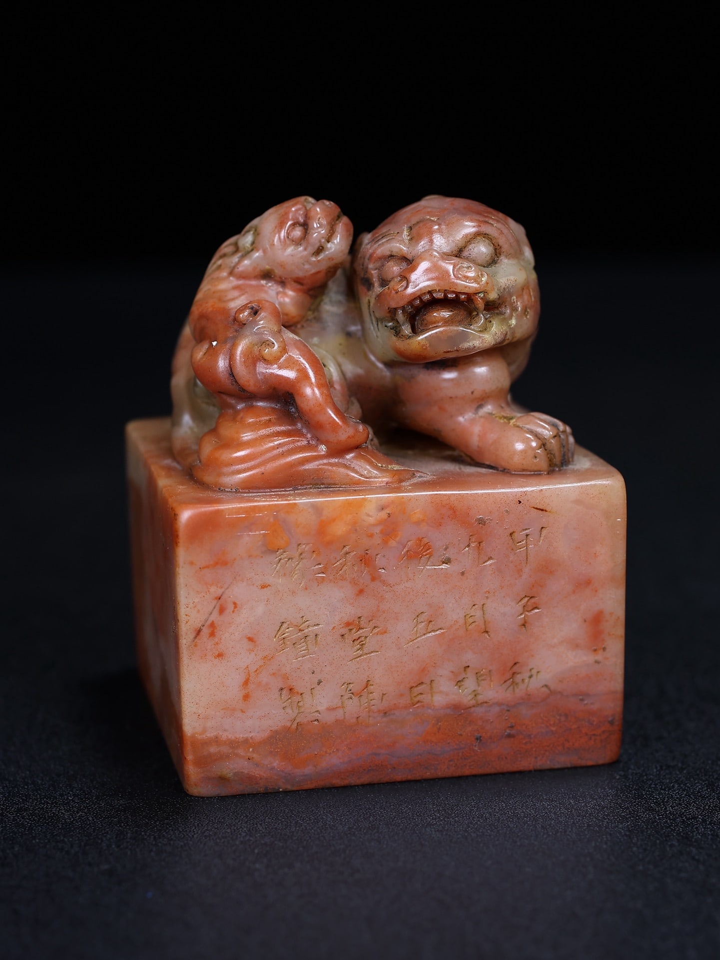 A Pair Chinese Shoushan Stone Beast Seal Statue w Box - 6