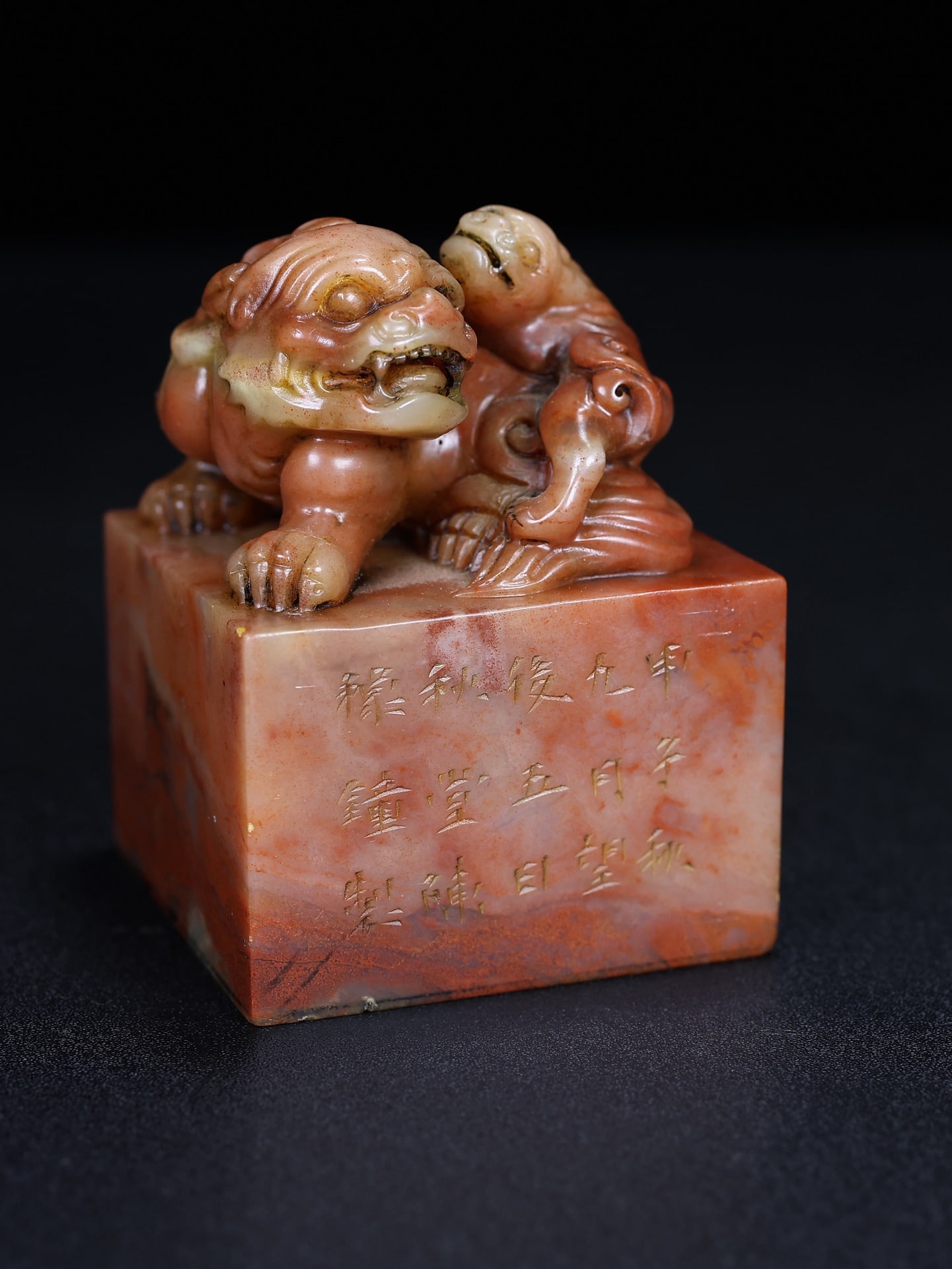 A Pair Chinese Shoushan Stone Beast Seal Statue w Box - 7