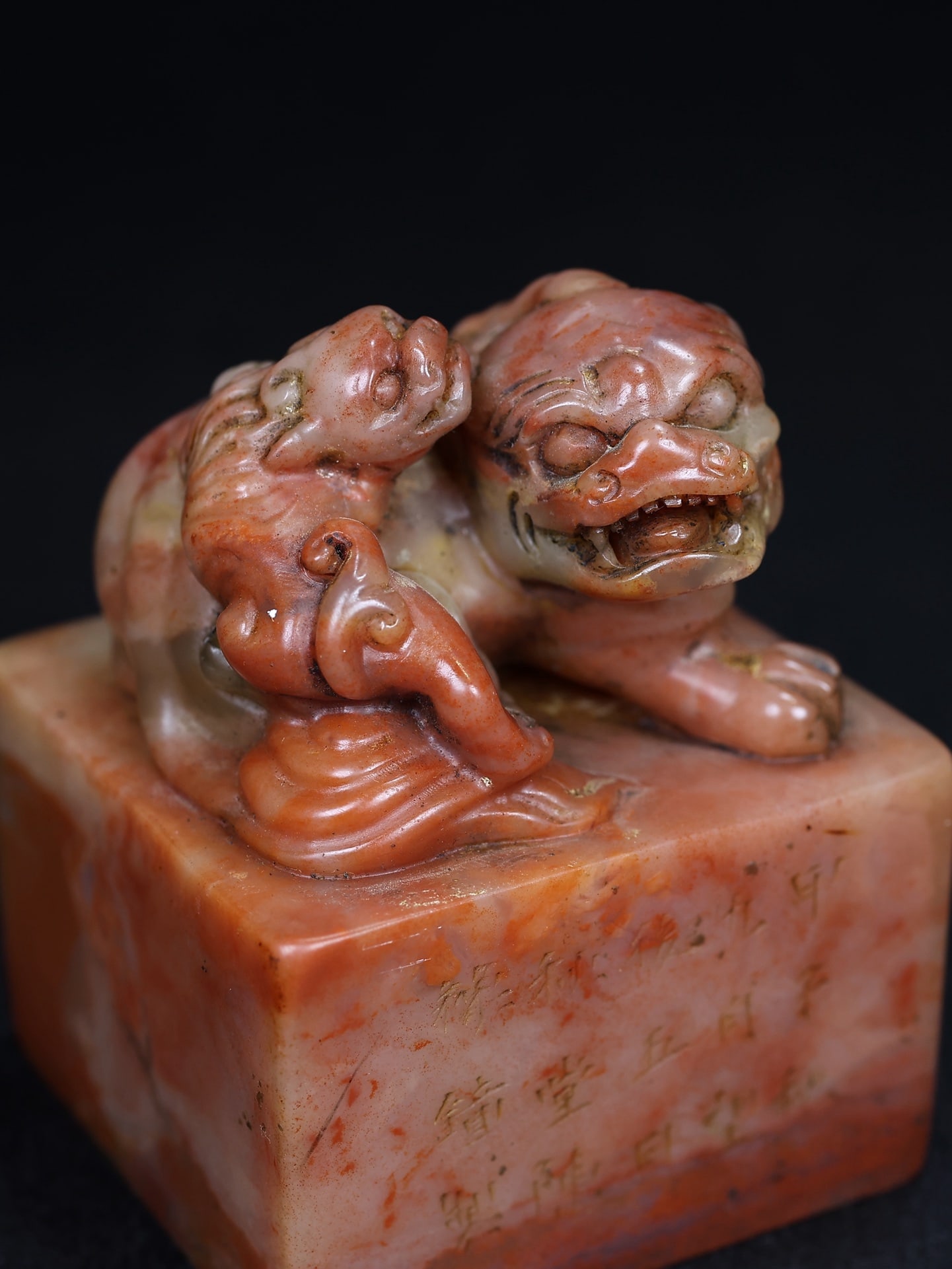 A Pair Chinese Shoushan Stone Beast Seal Statue w Box - 9