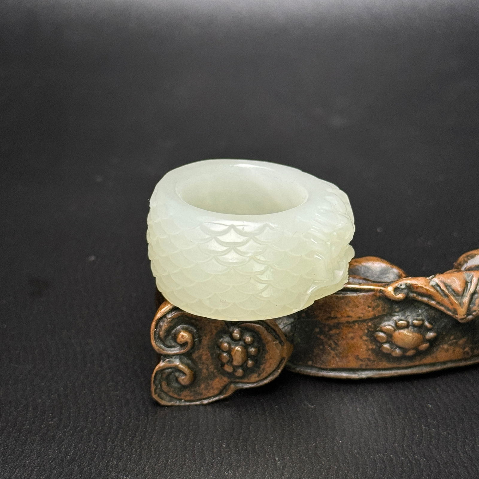Chinese Hetian Jade Hand Carved Fortune Dragon Thumb Ring - 4